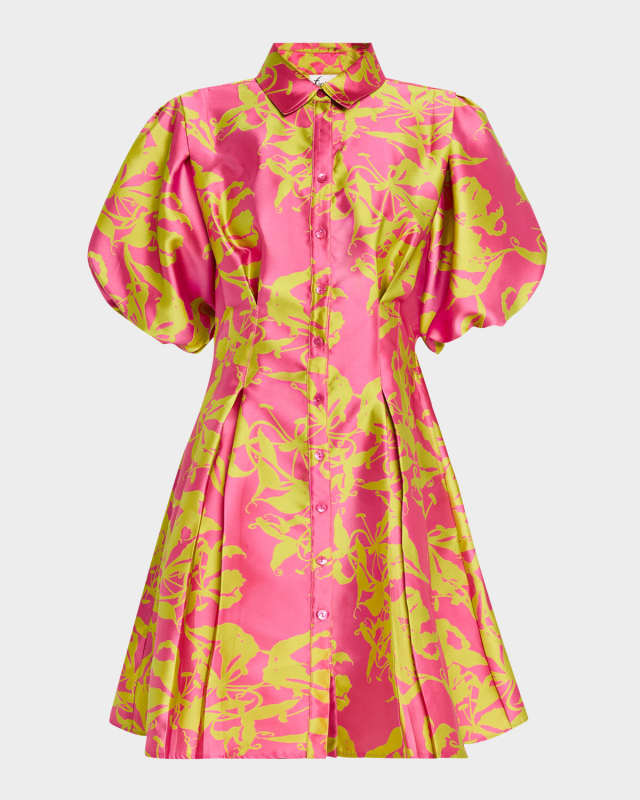 Alicia Pleated Puff-Sleeve Jacquard Shirtdress